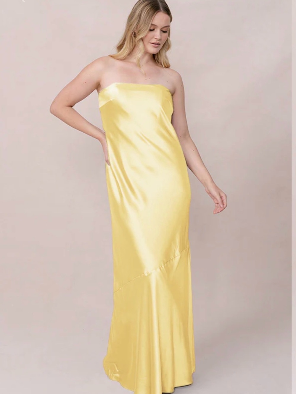 Revelry Strapless Satin Slip Gown in Pale Yellow